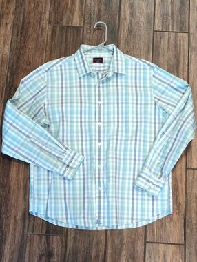 UNTUCKit Men's Blue and White Dress Shirt - Large - Relaxed Fit - Wrinkle Free
